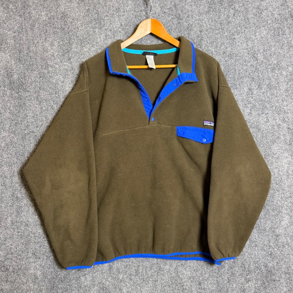 Patagonia Synchilla Snap-T Fleece Pullover Mens XL Mocha Brown Blue Trim